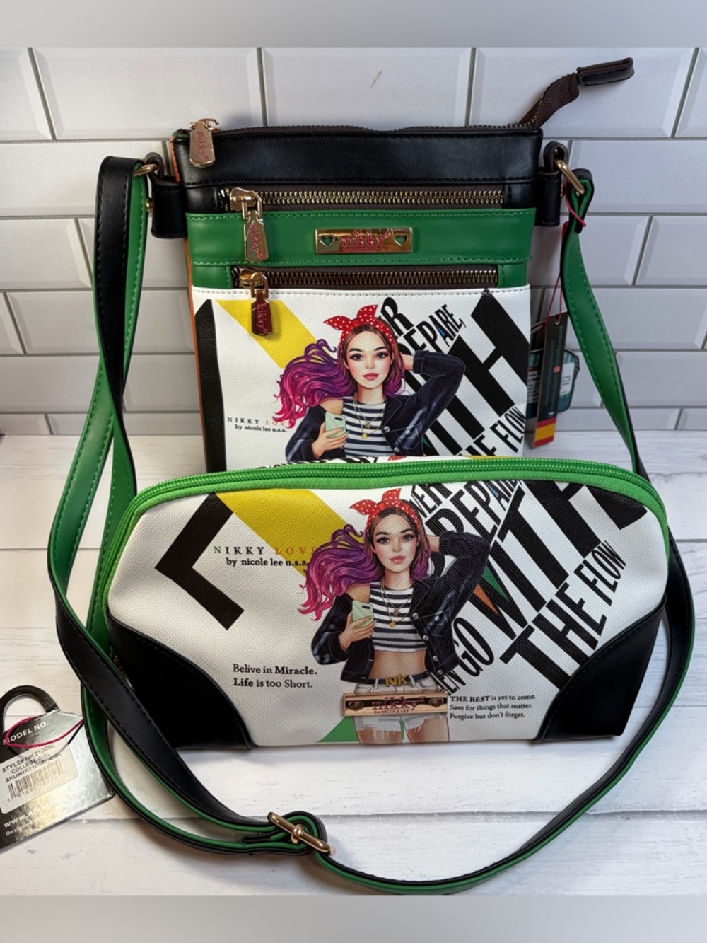 Nikky by Nicole Lee-NIKKY Green & Black Graphic Crossbody Bag Set -
